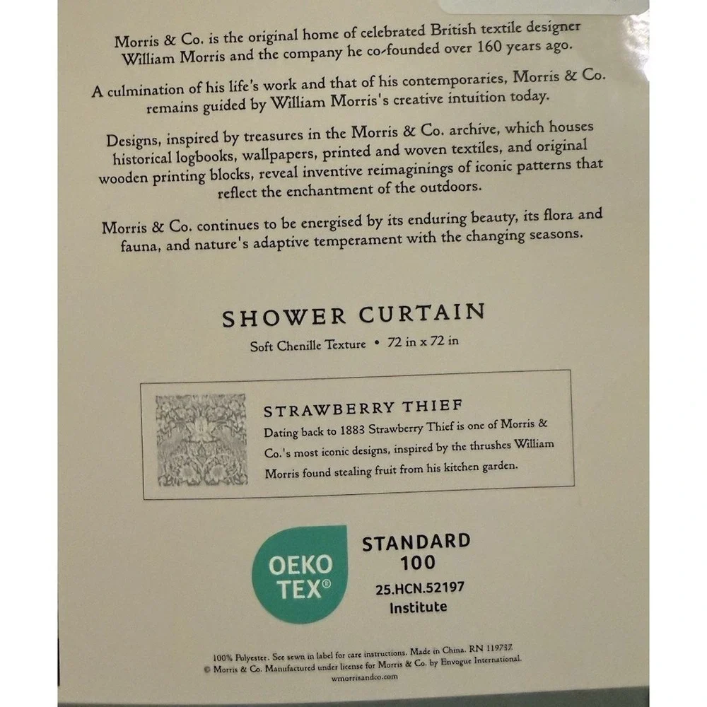 Morris & Co Soft Chenille Fabric Shower Curtain 72x72 Strawberry Thief Blue Whit